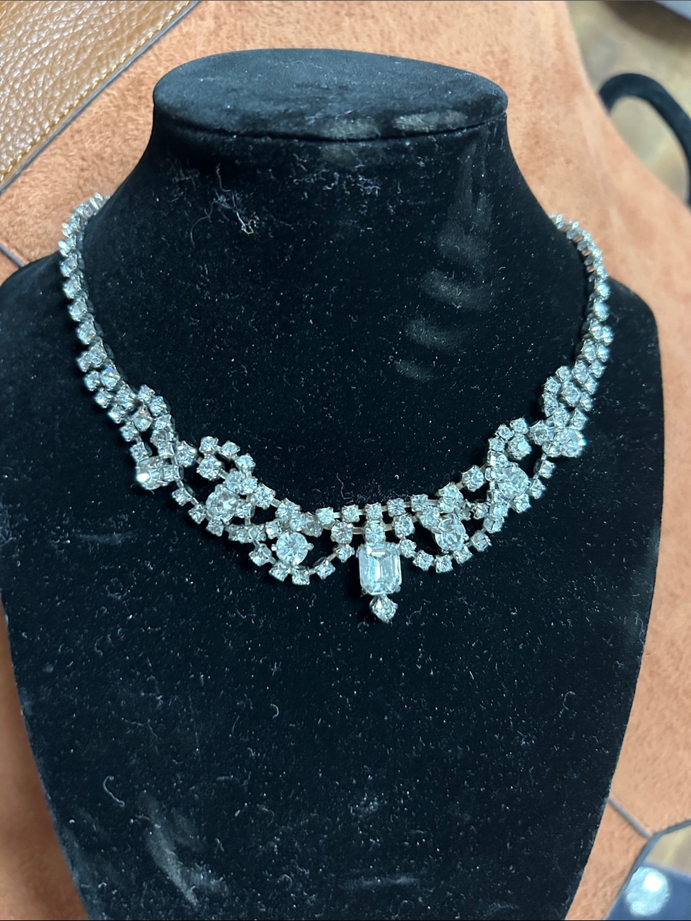 Vintage Rhinestone Statement Necklace - Silver Tone